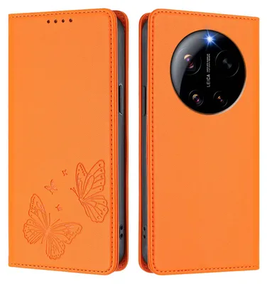 Image de Étui en cuir pour Xiaomi 17 Ultra, étui de protection en cuir gaufré motif papillon avec support, couleur orange