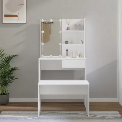 Produktbild von The Living Store Schminktisch-Set mit LED Weiß Holzwerkstoff