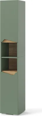 A tall, narrow cabinet with a modern design, featuring a combination of green exterior panels and open shelving with a wood-grain interior.