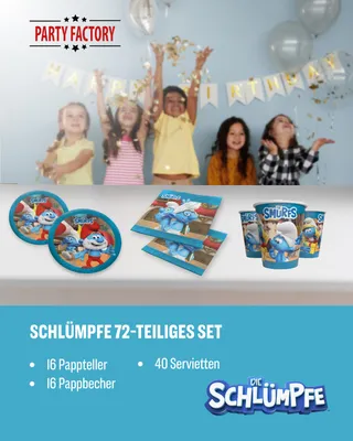 Produktbild von Die Schlümpfe 72-tlg. Party Set – Deko mit Tellern Servietten Bechern