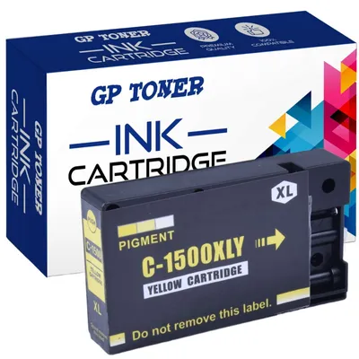 A product shot of a yellow ink cartridge and its packaging.