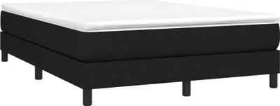 A black fabric-covered box spring bed with a white mattress topper and black legs, shown from a side-front diagonal angle on a white background.