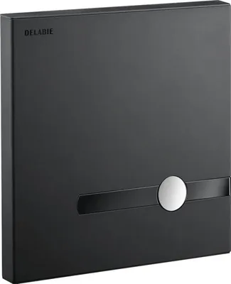 A black wall-mounted toilet flush plate with a silver circular button.