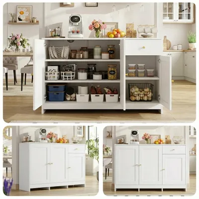 Image de Buffet - 120 x 40 x 75 cm, naturel et blanc - 3 portes et 1 tiroir - Étagères réglables en hauteur