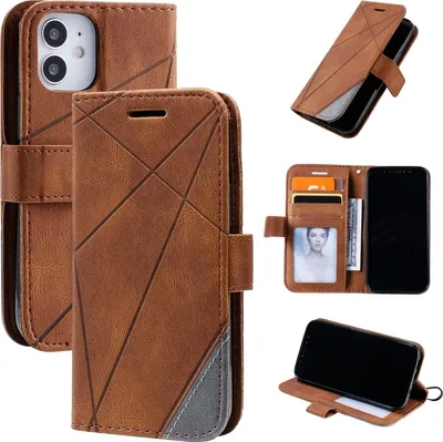 A collage of images showing a brown leather iPhone case with a geometric pattern, including views of the case open and closed, and with cards inserted.