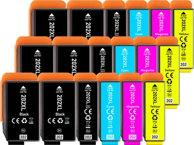 A collection of printer ink cartridges arranged in rows.