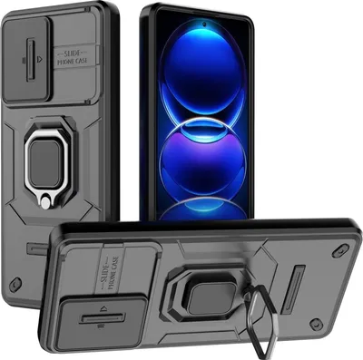 Produktbild von Hülle für Xiaomi Redmi Note 12 Pro+ 5G Dual Layer Handyhülle Schiebe Kamera Schutz und Ringhalter Ständer Schwarz