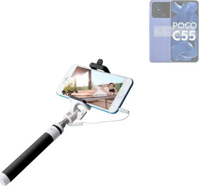 Produktbild von K-S-Trade Selfie Stick kompatibel mit POCO C55  Selfiestick kabelgebunden Monopod mit Kabel Stab Stange Selfportrait Handheldstick schwarz 1x