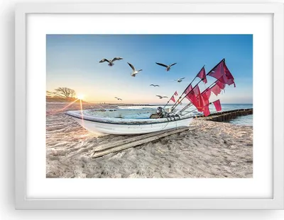Produktbild von Gerahmtes Poster - Weißer Rahmen - £ódŸ Küste Möwen - 40x30 cm - Wand Bild - Wanddeko - Wandbilder - Kunstposter - Wandposter - Bilderrahmen - Bilder - Kunstdruck - Wanddekoration - P2WAA40x30-4779