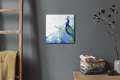 Produktbild von Coloray Hodiny Unikátní 30x30 cm  Tiché hodiny Pro obývací pokoj a kuchyň Nástěnné hodiny Plátno Bílé ručičky hodin - Květiny pták pfau