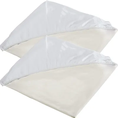 Two white fitted sheets are folded and stacked on top of each other, with their corners pointing upwards.