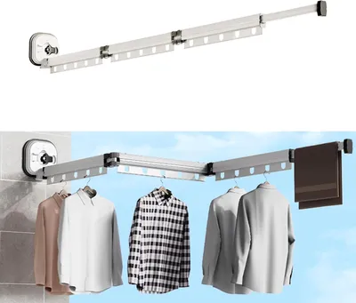 Produktbild von Kleiderständer ausziehbar Aluminium Kleiderständer mit Saugnapf und Haken - Verlängerungsstange - Balkon - Waschküche - Badezimmer - 3-fach.