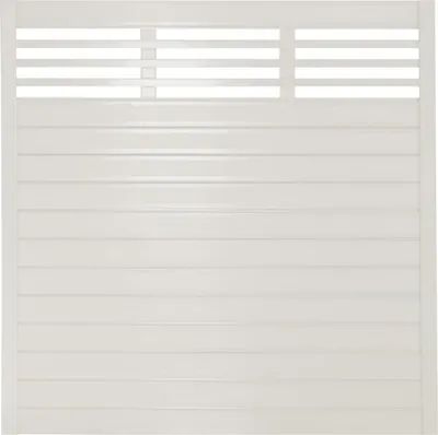 A white fence panel with horizontal slats and a slatted top section.