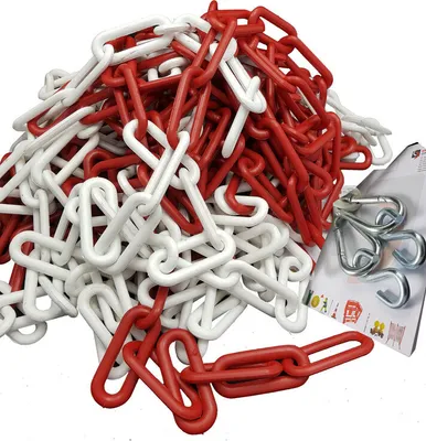 Produktbild von Absperrkette 10 mm stark - 25 m Set mit 5 Karabinern (weiss-rot,10 mm)