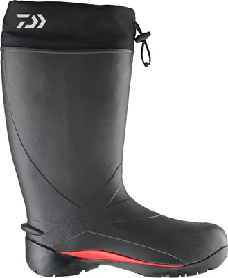 A single black winter boot with red accents and a black drawstring cuff, shown from the side.