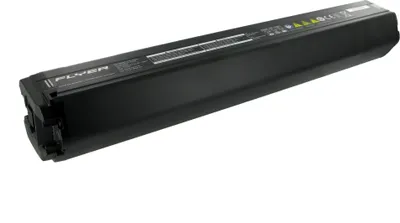 A black e-bike battery pack is shown against a white background.