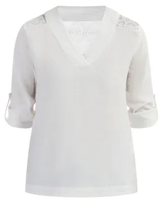 Produktbild von Damen Bluse weiss XL mit V-Ausschnitt, transparenter Spitze und fixierbaren Ärmeln