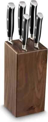 A set of kitchen knives in a wooden block.