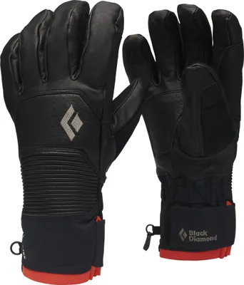 Schwarze Skihandschuhe von Black Diamond mit rotem Bündchen und Logo.