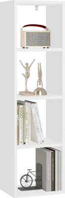 A white, four-tiered cube shelf unit displaying various decorative items and books.