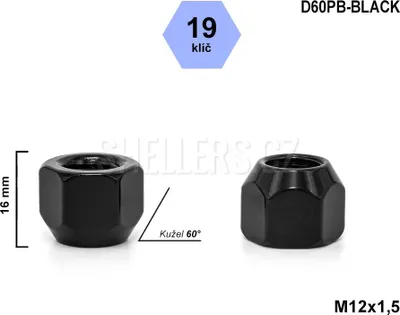 Obrázek produktu pro Kolová matice M12x1,5 kužel otevřená, klíč 19, D60PB-BLACK, černá, výška 16 mm