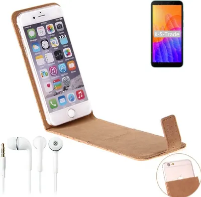 Produktbild von K-S-Trade Schutzhülle mit Kopfhörer kompatibel mit Huawei Y5p Handyhülle Cover Kork Tasche Flipstyle Case