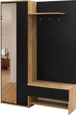 Produktbild von Garderobenschrank Mediolan 140, Flurgarderobe 140 x 200 x 40 cm, Kompaktgarderobe mit Tür, Spiegel, Regalen, Schuhschrank