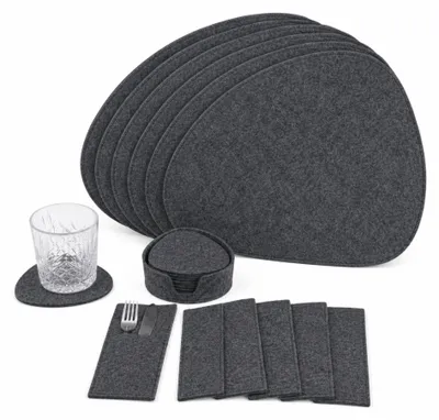 Produktbild von Filz Platzsets Oval, Platzdeckchen abwaschbar, Tischuntersetzer Filzmatten 26er Set mit Hülle Besteckhülle Untersetzern (dunkelgrau)