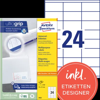 Produktbild von Avery Zweckform 3422 Universal-Etiketten, A4 mit ultragrip,  Adressaufkleber 70 x 35 mm, weiß