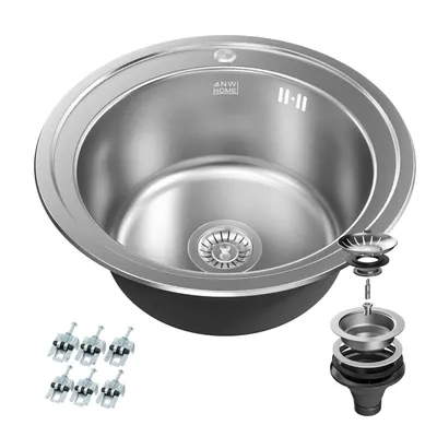 Produktbild von ANW HOME Rundspüle 51 cm Edelstahl Einbauspüle Topmount Spülbecken Silber 1 Becken mit Ablaufset Siphon 18 cm tief