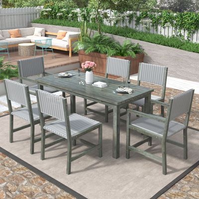 Merax Polyrattan Gartenmöbel Set 6 Personen,7-tlg.Garten-Essgruppe mit Tisch und 6 Stühlen, Gartenlounge Set aus Akazienholz,Terassenmöbel Balkonmöbel