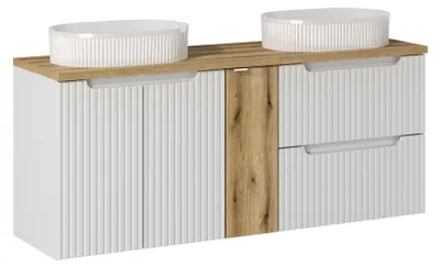 Productafbeelding van Badkamermeubel met bovenblad en 2 wasbakken, 140 cm, wit mat + eikenhout