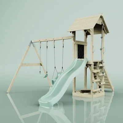 Produktbild von OutdoorToys Spielturm mit Wellenrutsche und Kinder-Schaukel, Outdoor Klettergerüst Garten, Ausführung: Babyschaukel, Farbe: Mintgrün, mit Babyschaukel