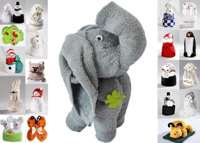 Produktbild von Frottier Geschenk Set viele Modelle Handarbeit Origami Gästetuch Handtuch Waschhandschuh, Motiv/Art:Elefant Grau