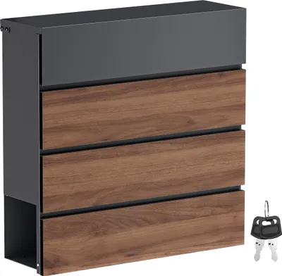 Produktbild von Toboli Briefkasten V63 Anthrazit und Holzdesign 410 x 130 x 370 mm, Wandbriefkasten mit Schloss, Soft Close Klappe und Zeitungsfach, Postkasten aus Stahl pulverbeschichtet