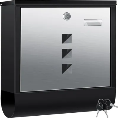 A black and silver mailbox with a brushed metal front, a lock, a mail slot, and three square decorative elements. Two keys are visible in the bottom right corner.