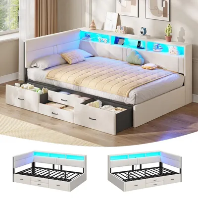 Obrázok produktu pre Postel s čalúneným rámom, LED osvetlením a nabíjacou stanicou, rozmer 90x200 cm, béžová, s 4 zásuvkami a roštom