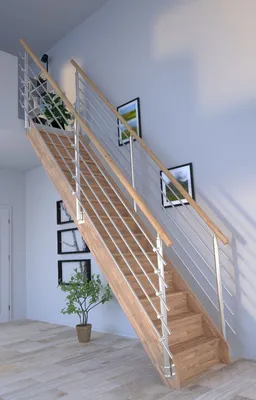 Produktbild von Holztreppe Rhodos in gerader Ausführung-Eiche-Design Geländer Edelstahl-beidseitig-mit Setzstufen