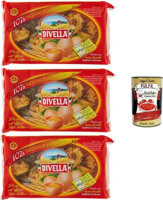 Produktbild von Divella 107/b Tagliatelle Paglia e Fieno, Authentische italienische Pasta, Eiernudeln – Die köstlichsten Tagliatelle zum Teilen mit der Familie -3x 500 g + Italian Gourmet polpa 400g