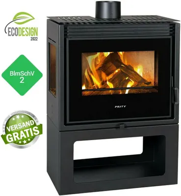 A black wood-burning stove with a glass door showing burning logs, placed on a white background with promotional stickers.