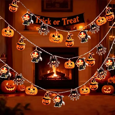 Productafbeelding van Halloween-lichtsnoer met pompoenen, spinnen en moesmannen, 3 m