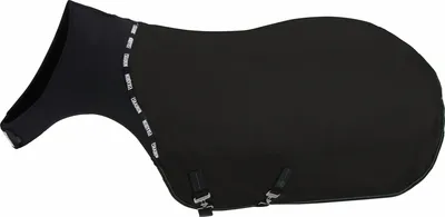 A black horse blanket with a neck cover is shown laid out on a white background.