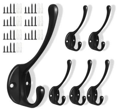 6 Kleiderhaken aus Metall, Doppelhaken, Wandmontage, Schwarz