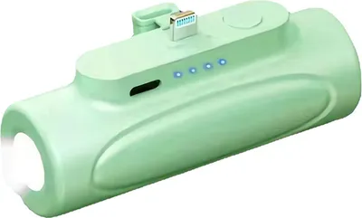 Productafbeelding van Mini powerbank met 5000 mAh, zakformaat, met LED-zaklamp, draadloos, snelladen, noodstroomvoorziening, groen, geschikt voor iOS