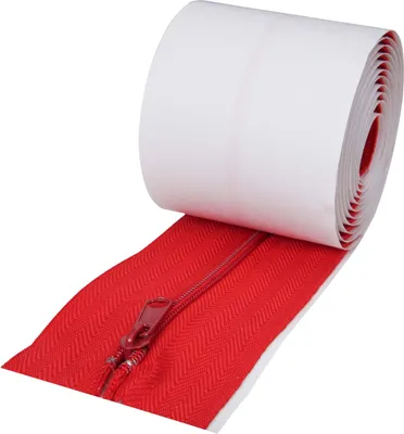 A roll of red self-adhesive zipper tape with the zipper pull visible.