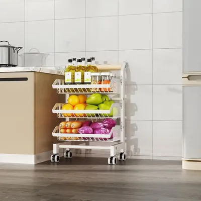 Obrázok produktu pre Odkladací vozík – kuchynský vozík – 3 úrovne – oceľ – otočný o 360° – všestranné využitie – s kolieskami – biely