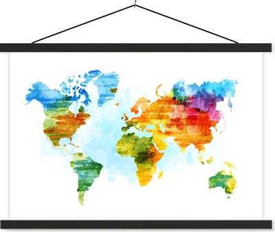 Produktbild von MuchoWow® Textilposter Weltkarte - Aquarell - Regenbogen - Kinder - Jungen - Mädchen 150x100 cm mit schwarzem Rahmen - Schlafzimmer