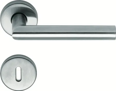 A stainless steel door handle set with a keyhole escutcheon plate, presented against a white background.