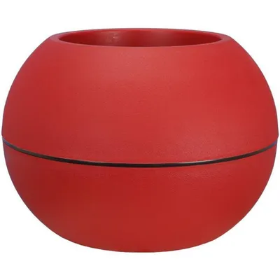 A red spherical flower pot with a thin black line around its circumference.