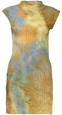 Produktbild von Ärmelloses grünes Damenkleid mit Stehkragen und Kontrastelementen